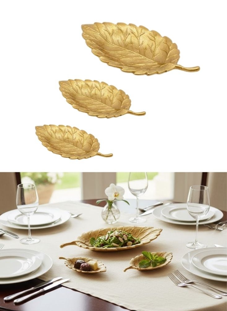 Premium Gold Leaf Serving Tray Set – 3 Pcs Decorative Metal Leaf Plates for Snacks & Sweets - Image 1